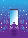 Vector smartphone with meditation man on abstract violet background with stars and spheres. Great element for your design